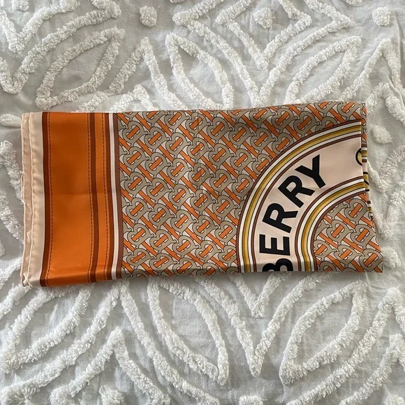 Burberry Print Logo Silk Orange Twill Scarf - Picture 11 of 16